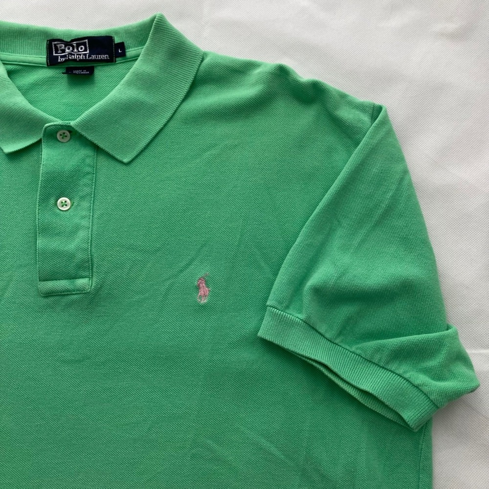 Polo Ralph Lauren Mens Green Pique Cotton Short Sleeve Polo Shirt Pink Pony L